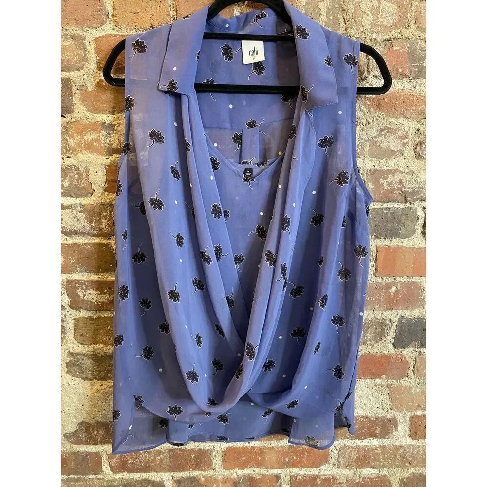 CAbi Blue/Black Floral 2-piece Scoop Shawl Sleeveless Blouse with Removable Cami